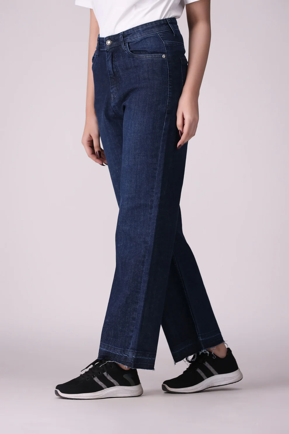 Dark Blue Wide Leg Open Bottom Ladies Jeans, comfort stretch Denim - 3