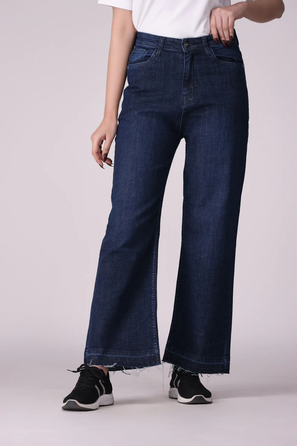 Dark Blue Wide Leg Open Bottom Ladies Jeans, comfort stretch Denim - 2