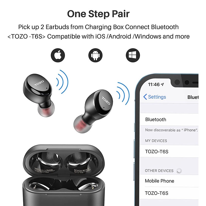 TOZO T6S v2022 True Wireless Earbuds with Bluetooth 5.2, Environmental Noise Cancellation, Sound with Deep Bass, Supports APP Control for Sports - Black - 3