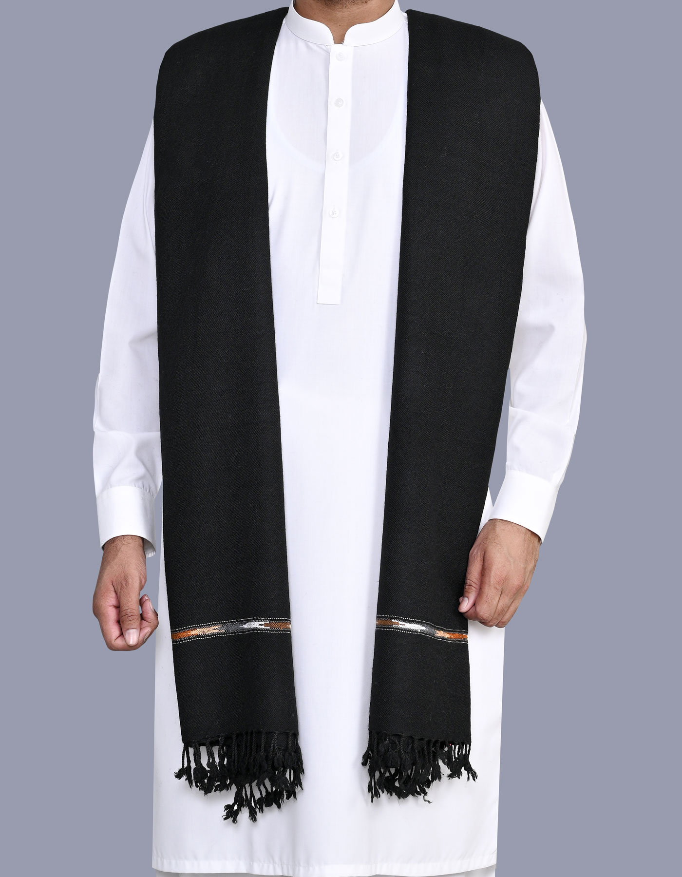 Black Plain Wool Blend Men Shawl - 2