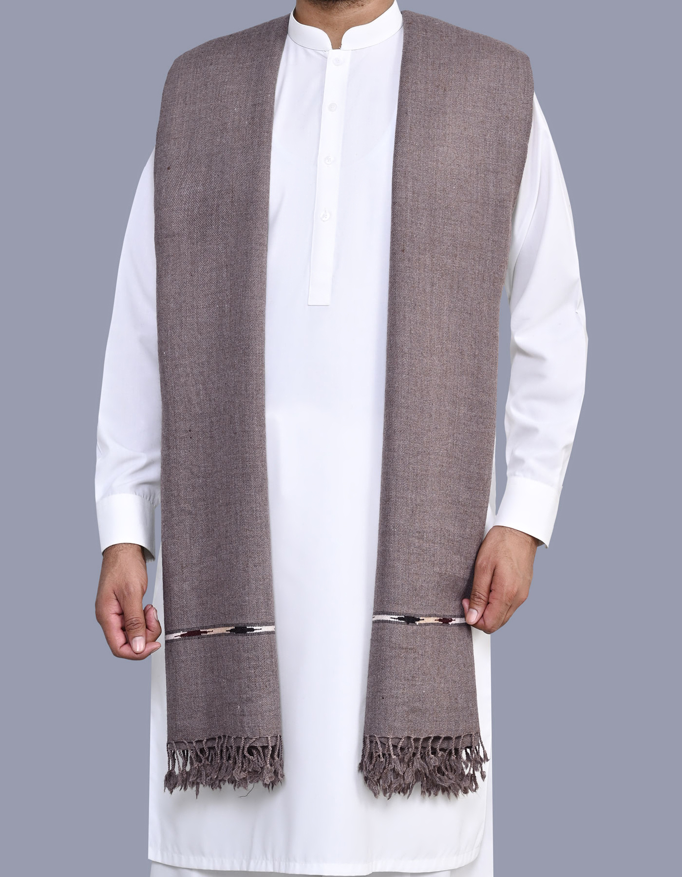 L Brown Plain Wool Blend Men Shawl - 2