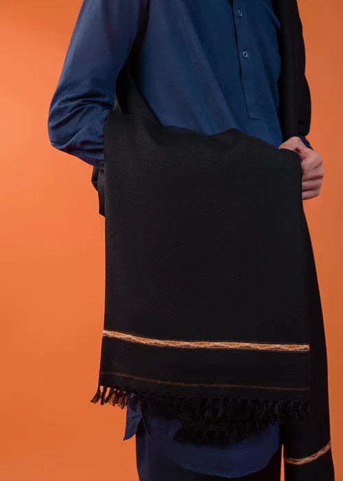 Premium Mix Wool Men's Shawl - Rich Black - 3