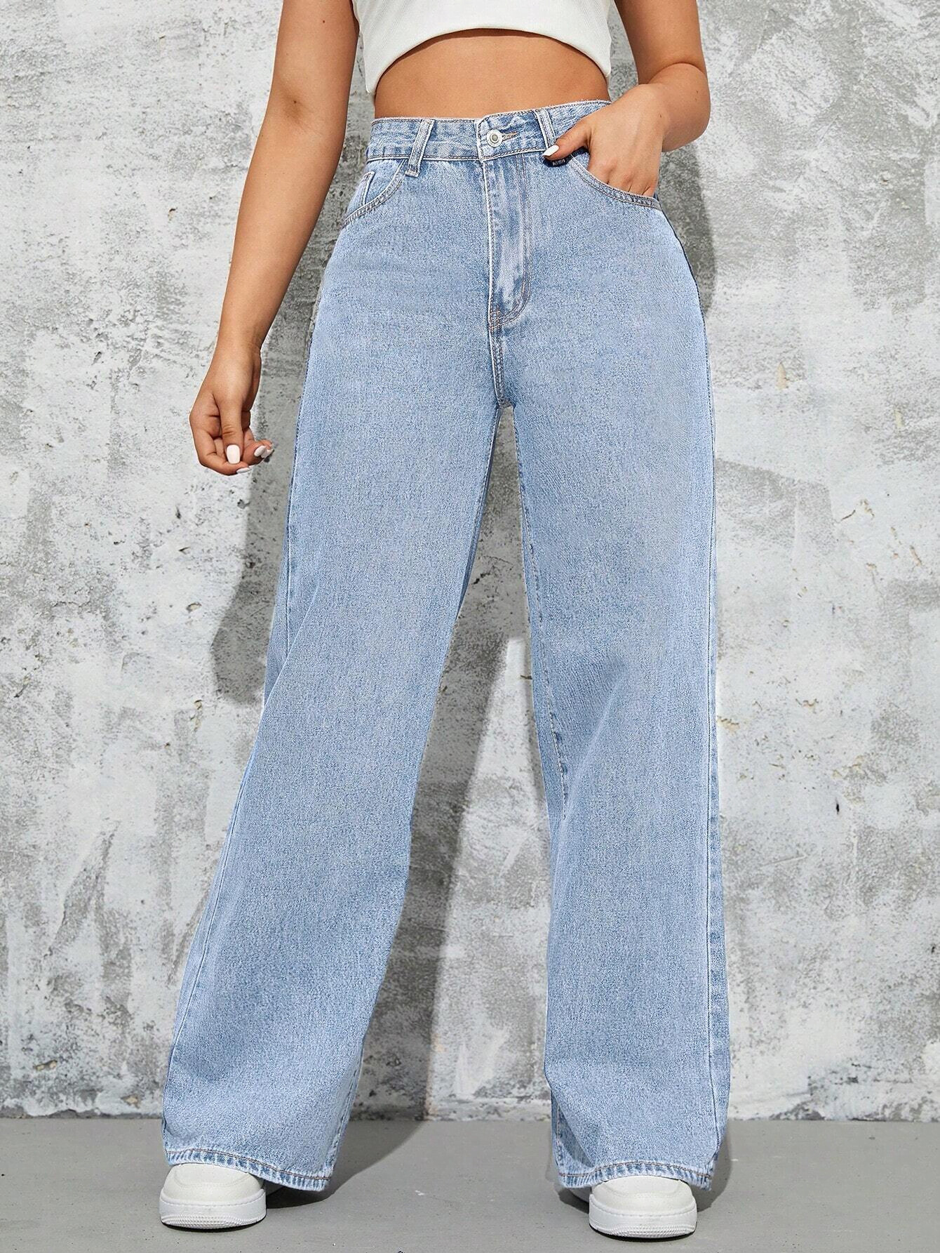 Wide Leg Ice Blue Denim Jeans For Women - 2