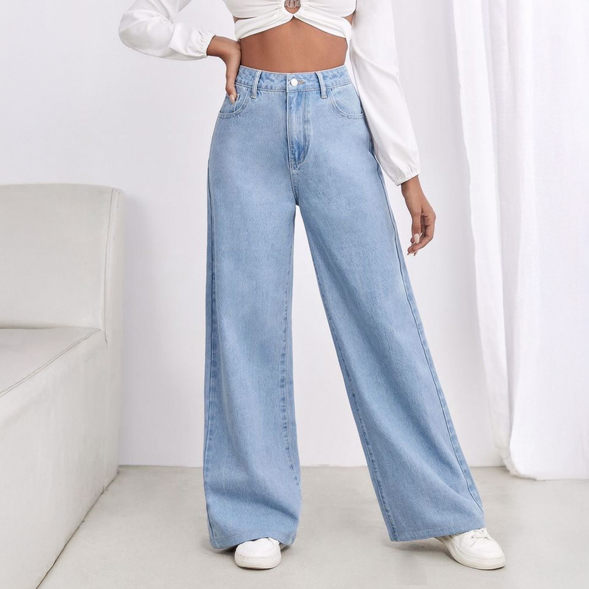 Wide Leg Ice Blue Denim Jeans For Women