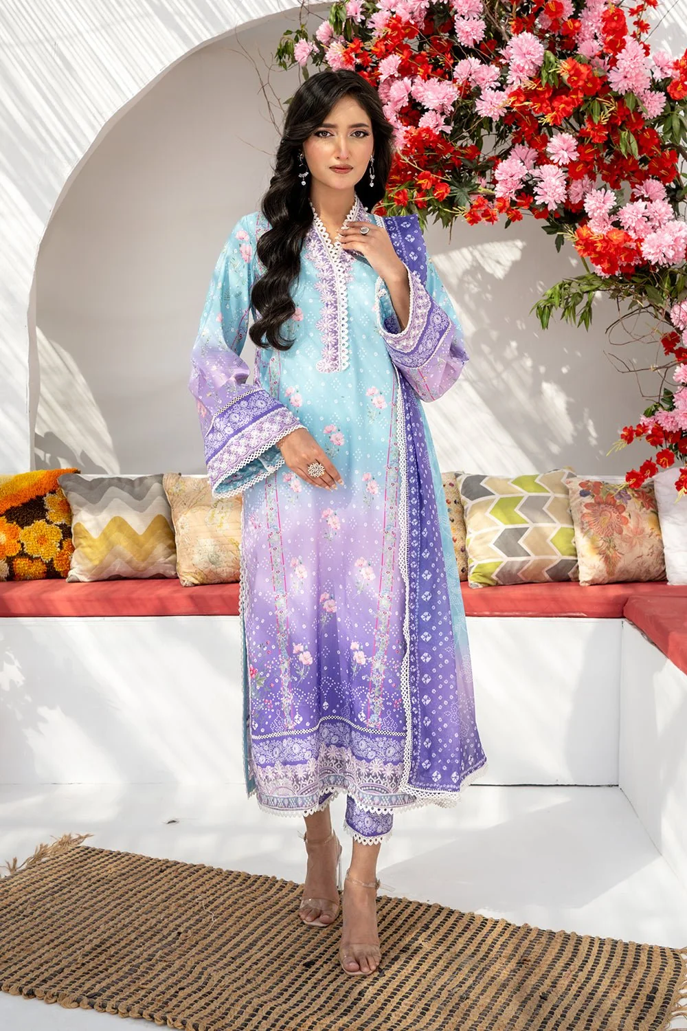 3 Piece Embroidered Raw Silk Suit | Premium Women's Wear - 2