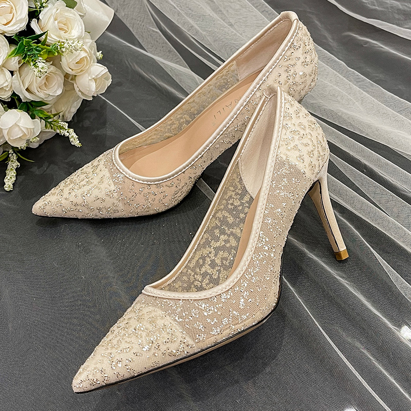 Close Toe Heels Mesh With Sequins Wedding Shoes