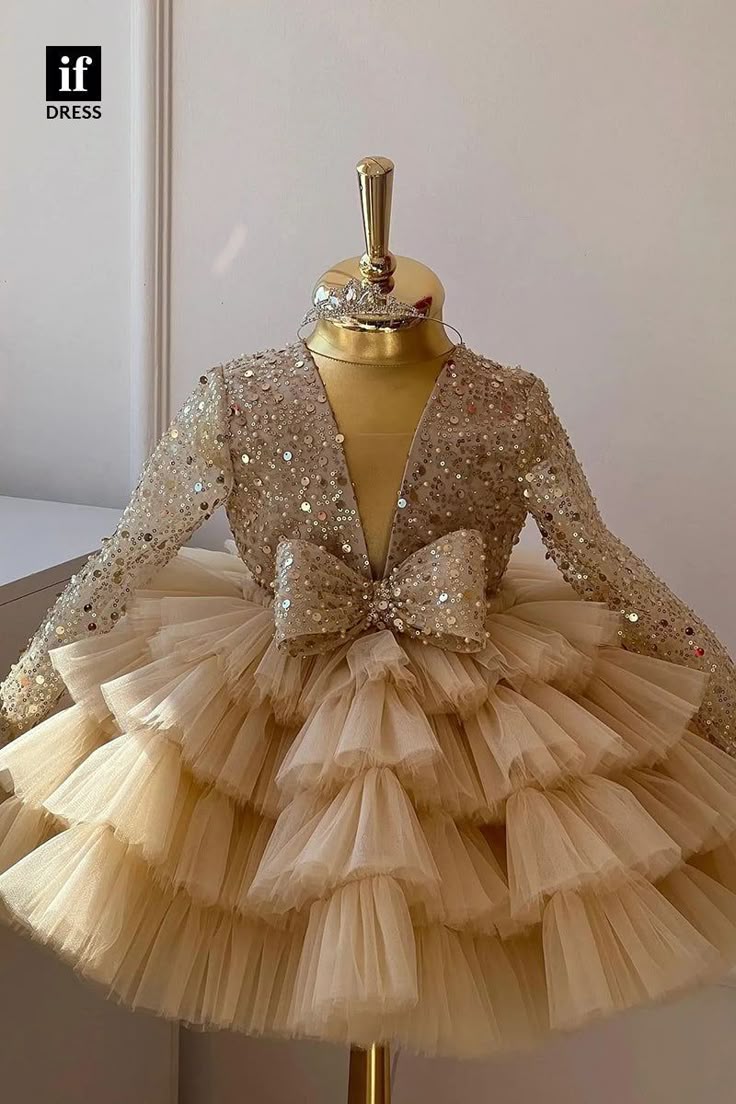 Baby Girl beige and golden self design bow Fancy Frock