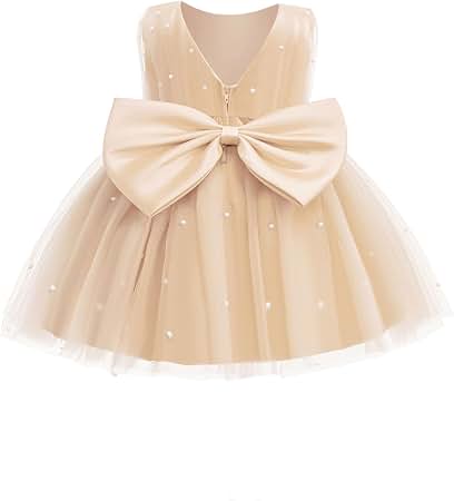 Baby Girl beige and golden self design bow Fancy Frock - 2