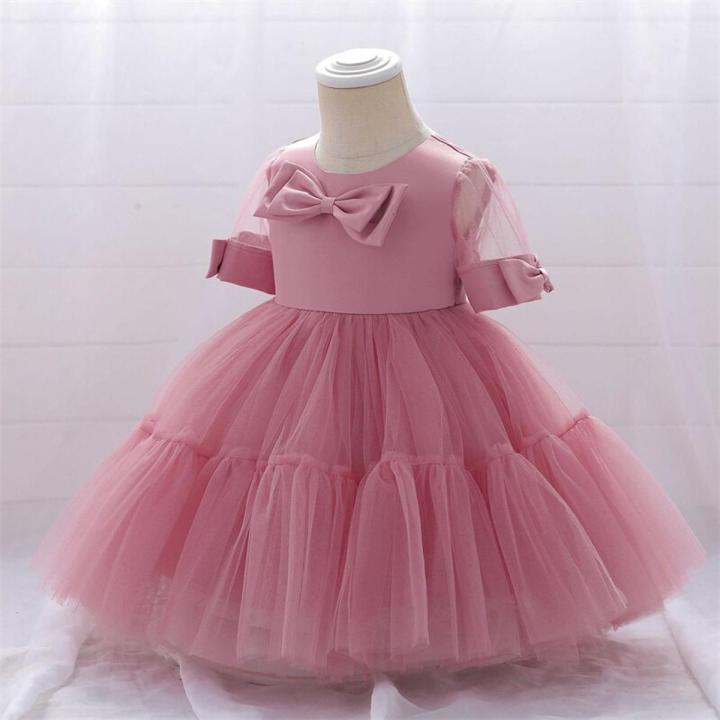 Baby Girl Skin embroidered net frock with a satin bow Fancy Frock - 2