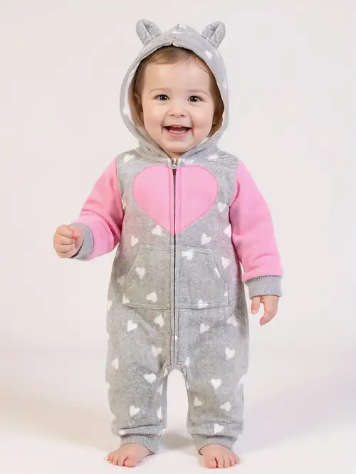 Baby Girl Pink Bear and Heart Print Romper - 2