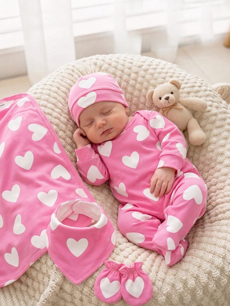 Baby Girl Pink Bear and Heart Print Romper