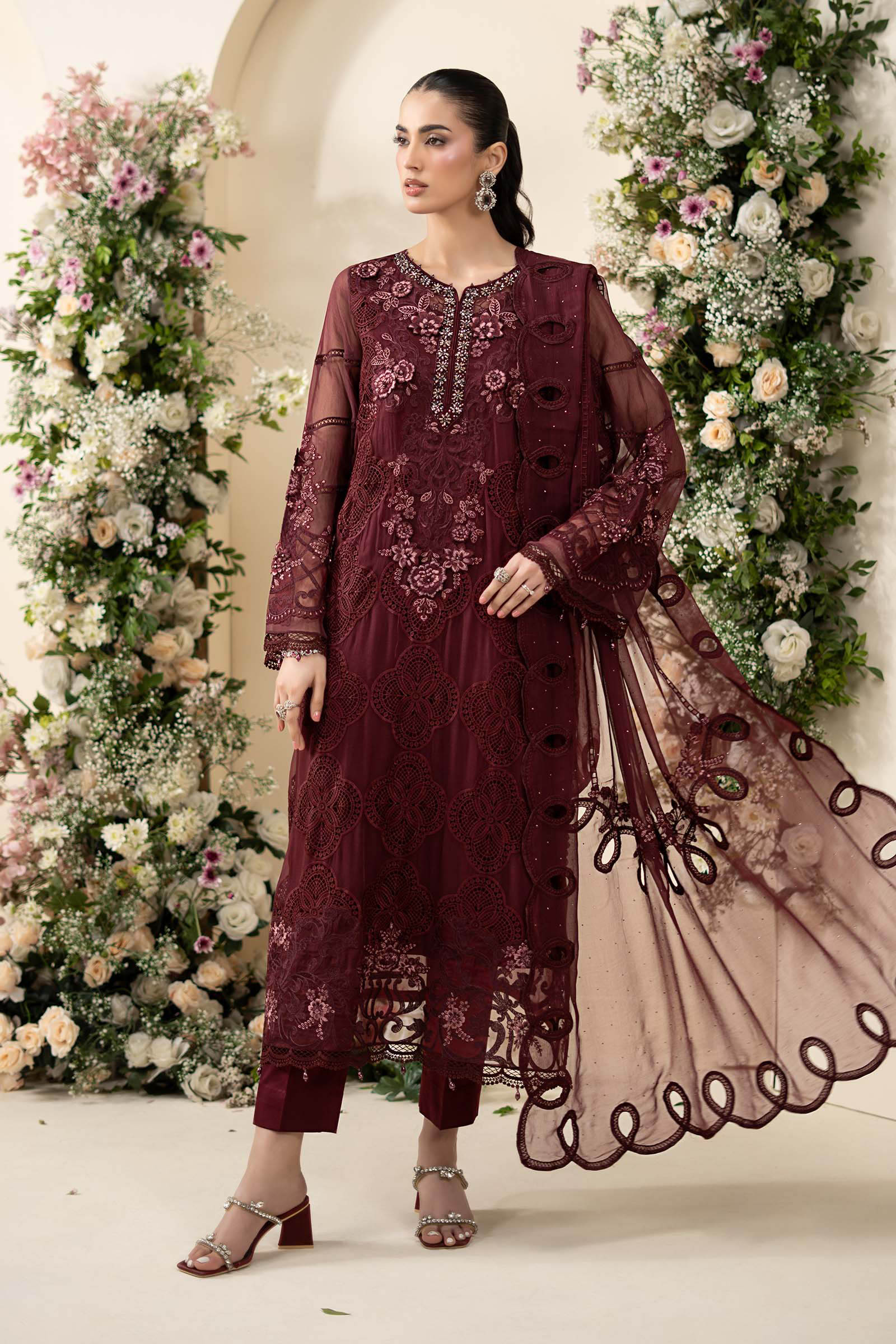 Maria.B Luxury Chiffon Embroidered Collection MCS-26-108-Burgundy