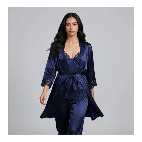 2 Pcs Satin Short Night Dress & Full Sleeves Robe - 2