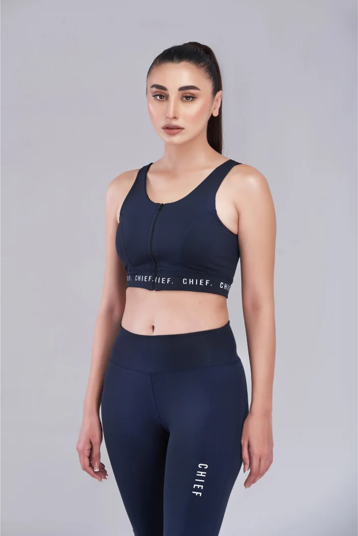Navy Blue Zipper Sports Bra & Stride Leggings - 2