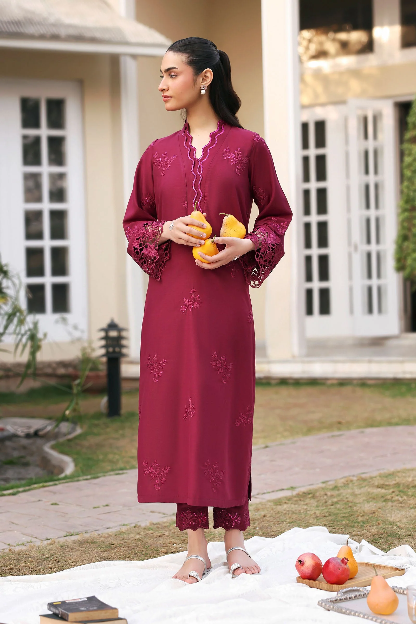 2 Piece - Embroidered Raw Silk Suit